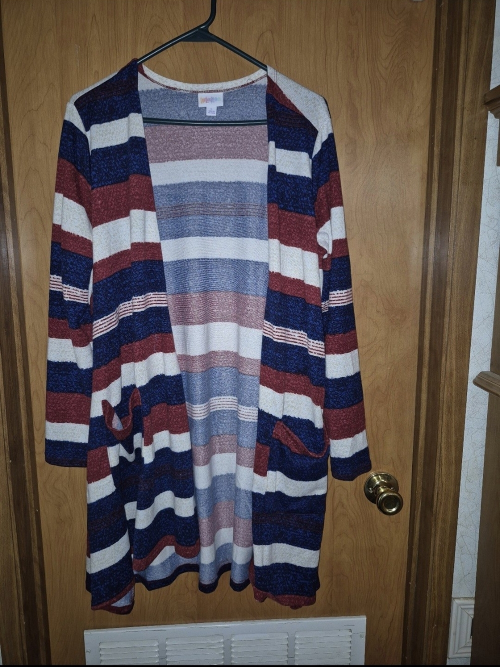 LuLaRoe Striped Open-Front Cardigan Sweater - Navy, Burgundy & Cream